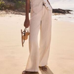 Lands End Pants 100% Linen 20w Off White Beige High waisted Wide Leg Pants New